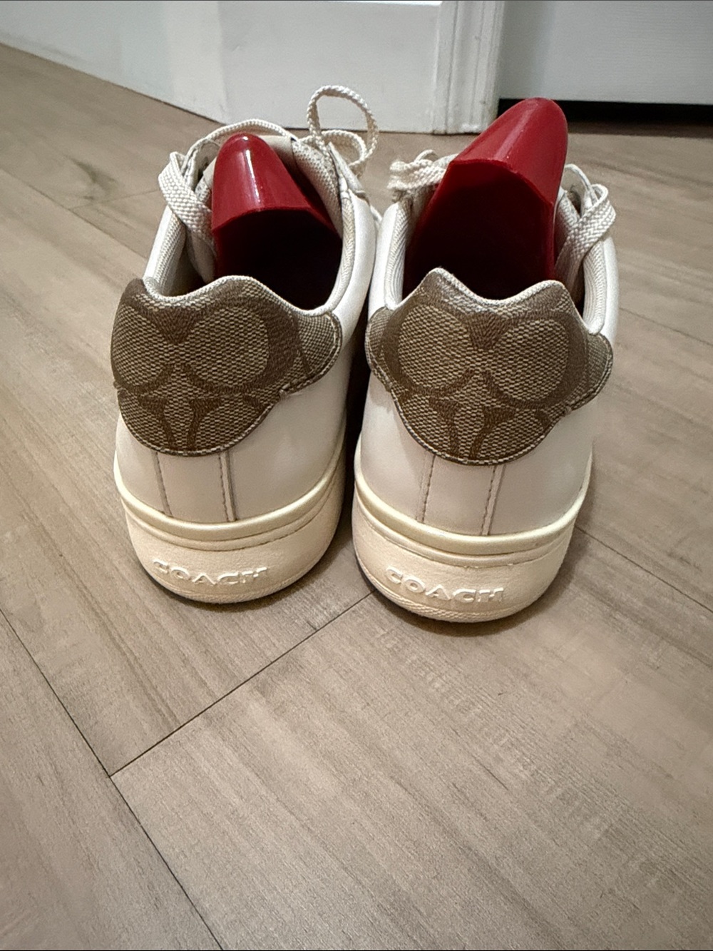 Coach White Low-Top Sneakers with Beige Logo Heel